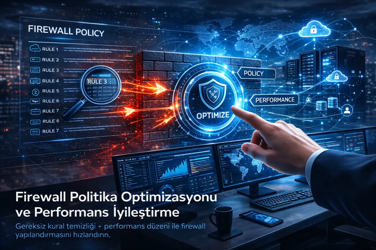 Kurumsal firewall politika optimizasyonu ve performans iyileştirme sürecini gösteren ağ güvenliği görseli