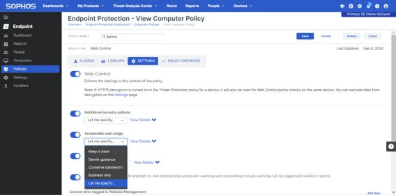 Sophos Intercept X - Policy yönetimi ekranı
